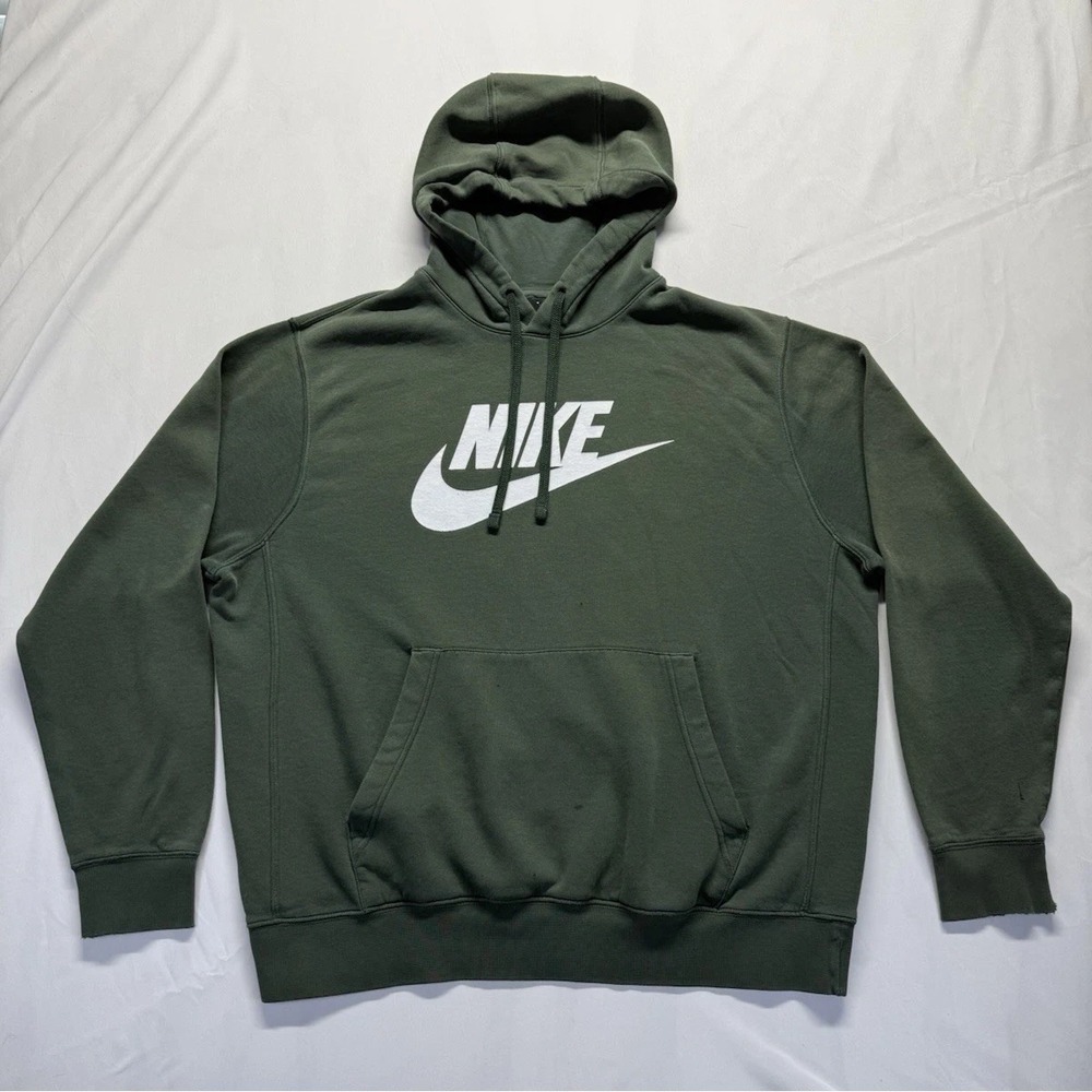 Nike Hoodie Mens L Green Sweatshirt Big Swoosh Check Spellout Sweater Pullover